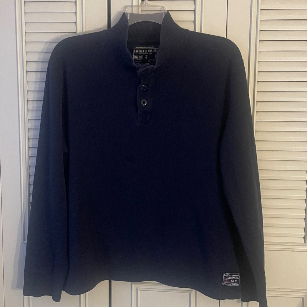 NAUTICA 100% COTTON L Pit to Pit 24 1/2" NAVY BLUE HENLEY All Cotton USED